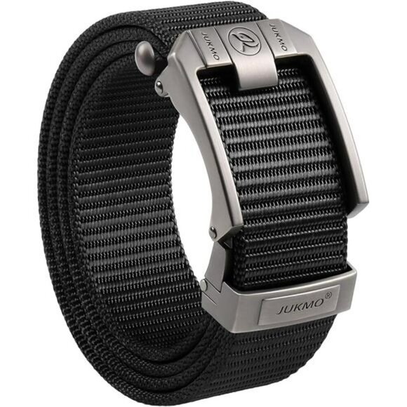JUKMO Mens Tactical Ratchet Belt Nylon Web Adjustable Slide Buckle Black - Picture 1 of 7